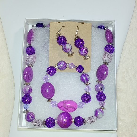 247NEB117 Handmade 3 Pc. Purple Beaded  Necklace Set - Picture 7 of 7
